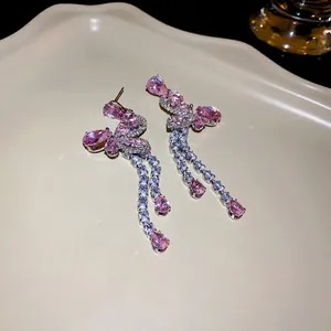 Elegant pink zircon butterfly tassel dangle earrings with silver needle for women