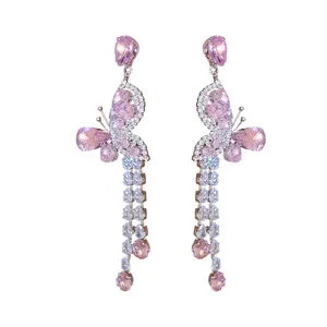 Elegant pink butterfly tassel drop earrings with sparkling cubic zirconia stones