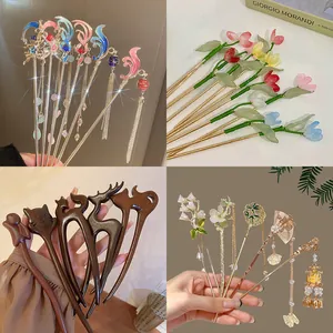 Detailed view of assorted New Chinese style floral and animal wood hairpins for Hanfu