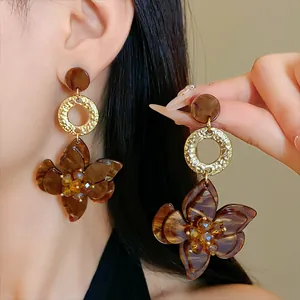 2024 New Fashion S925 Sterling Silver Earring Post Alloy Resin Flower Drop Earrings For Women Elegant Gold Rhinestone Jewelry