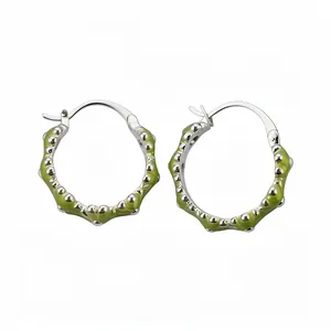 Sweet fresh green enamel scalloped hoop earrings with delicate silver metallic accents