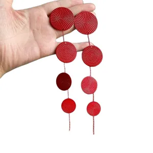 Fashionable red round textured layered tassel earrings with 925 silver needles for women