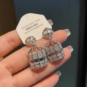 Pendientes de Botón de Jaula Geométrica para Mujer Con Poste de Plata de Ley 925 Diamante de Imitación Perla Artificial Joyería