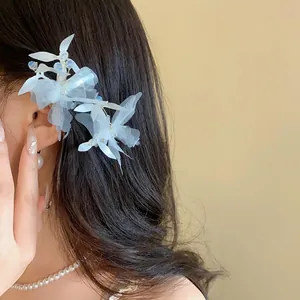 Gros plan d'une pince à cheveux fleurie et papillon en cristal portée par un modèle