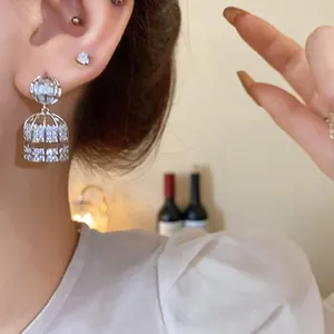 Vista detallada de elegantes pendientes de jaula de pájaros con circonitas en modelo femenina