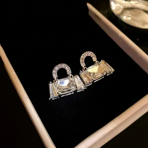 Silver needle handbag stud earrings with sparkling crystal diamonds