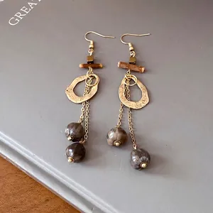 Vintage irregular wooden geometric drop earrings with gold finish and stone beads