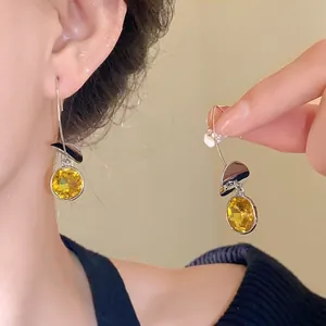 Orecchini a Gancio in Lega Vintage Geometrici con Strass Donna Moda Paillettes Nappa Orecchini Cristallo Giallo Gioielli