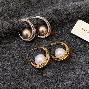 Orecchini a Bottone a Forma di C in Zirconia e Perla Artificiale Minimalisti Francesi Con Perno in Argento Sterling 925 Gioielli Vintage per Donna
