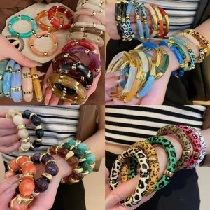 Handmade Acrylic Spliced Bracelet For Women European American Style Marbled Pattern Leopard Print Fashion Jewelry Gift