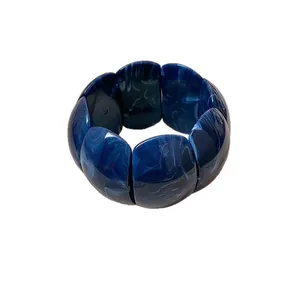 Chunky blue marbled acrylic bangle bracelet with square segments for women's fashion
