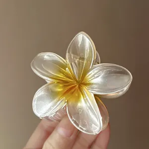 Close-up of a gradient translucent plumeria flower hair claw clip with pearl finish