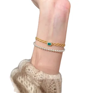 Vintage gold lattice bracelet with green zircon and elegant white pearl bracelet set
