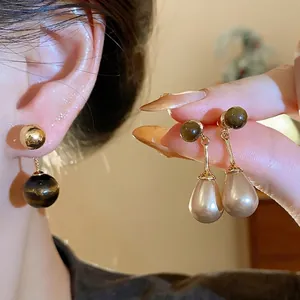 Vintage Gold Plated Tiger Eye Stone Teardrop Artificial Pearl Stud Earrings For Women 925 Sterling Silver Post Jewelry