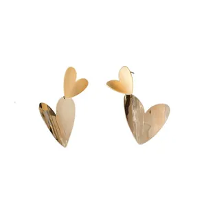 Elegant gold metallic double heart drop earrings with S925 silver needles for women