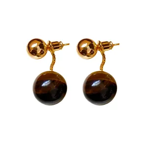 Elegant vintage gold plated tiger eye stone stud earrings for a classic Maillard jewelry look