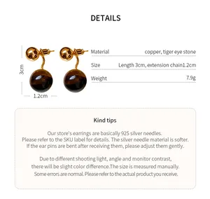 Detailed specification of vintage tiger eye stone earrings with gold plating and size info