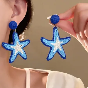 Handmade Woven Starfish Drop Earrings For Women Blue White Sea Star Resort Style Fashion Jewelry With Steel Earring Post