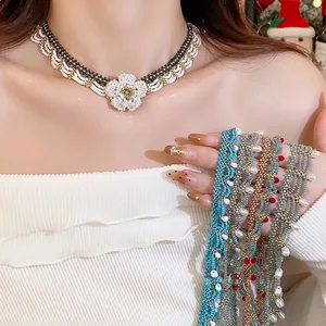 Stainless Steel Glass Bead Lace Necklace Handmade Ethnic Boho Clavicle Chain For Women Retro Lightweight Jewelry Neckwear