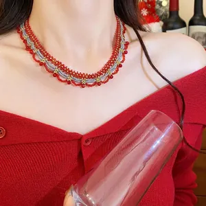 Handmade ethnic style red glass beaded lace necklace, elegant collarbone chain for women