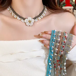Exquisite beaded lace choker necklace set in various colors with floral center detail