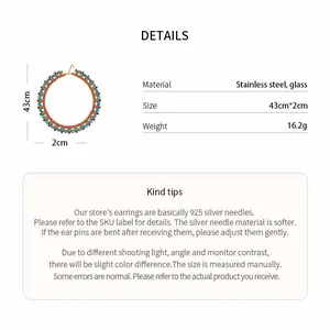 Product details for a stainless steel glass beaded necklace with size and weight info.