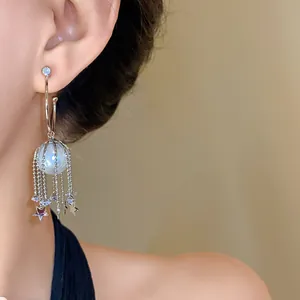 Vue détaillée d'une élégante boucle d'oreille en argent avec perle et glands d'étoile