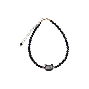 Elegant black faceted crystal beaded necklace with cute cat head pendant gold plated