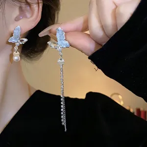 Luxury Asymmetric Butterfly Long Tassel Earrings With 925 Sterling Silver Earring Post Light Blue Artificial Crystal Rhinestone Artificial Pearl Drop Earrings For Women Jewelry