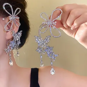 Luxury Alloy Rhinestone Butterfly Hollow Out Waterdrop Ear Wrap Earrings Elegant Silver Tone Heavy Design Jewelry For Women Banquet