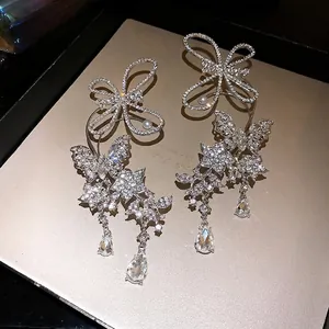 Luxury rhinestone butterfly drop ear cuffs with sparkling crystal floral dangles for women