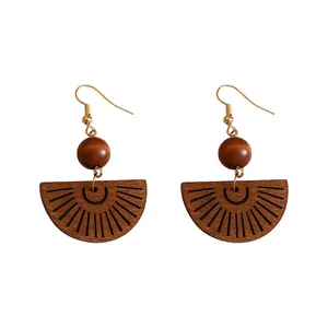 Ethnic retro Bohemian wooden bead drop earrings with hollow fan-shaped pendants