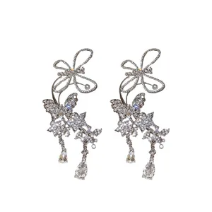 Luxury sparkling butterfly hollow teardrop earrings with crystals for women jewelry