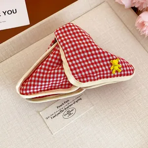Red and white checkered fabric triangle hair claw clip with cute yellow bear charm decoration