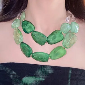 Double-layer chunky green acrylic bead necklace with irregular marble texture