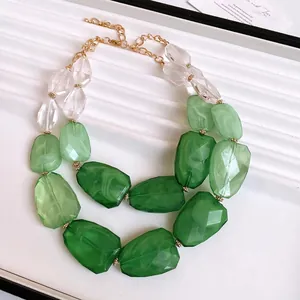 Bohemian irregular green acrylic beaded double-layer necklace for women beach vacation