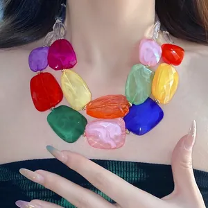Colorful irregular acrylic chunky beads double-layered necklace for beach vacation fashion