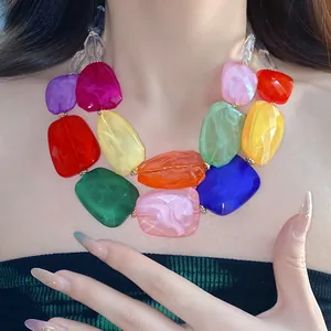 Bohemian double-layer necklace with chunky irregular colorful acrylic beads for vacation.