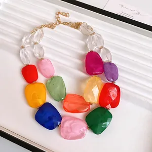 Close-up of a vibrant double-layered acrylic beaded necklace with irregular colorful gems
