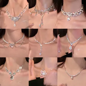 French Vintage Alloy Water Drop Flower Necklace Women Elegant Artificial Pearl Rhinestone Choker Jewelry For Wedding Party
