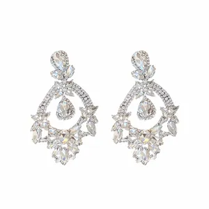 Elegant silver needle flower teardrop earrings with sparkling crystal palace style.