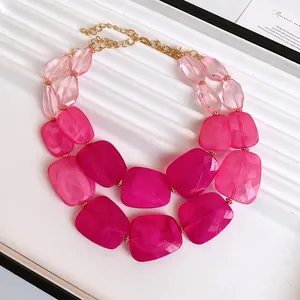 Double-layer pink irregular acrylic bead necklace with gold chain for beach holiday
