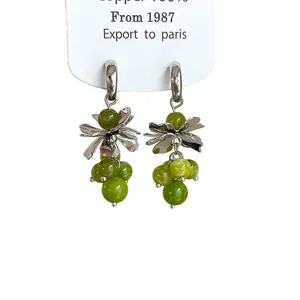Fresh pastoral grape drop earrings with green glass beads and polished silver accents