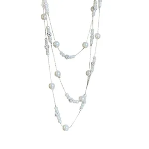 Elegant layered long pearl necklace with shimmering rhinestone-inlaid clay beads