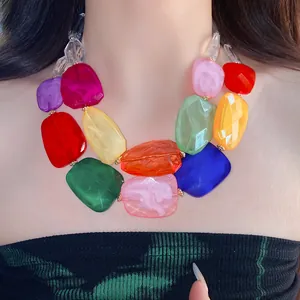 Close-up of a stylish double-layer necklace with colorful irregular acrylic beads