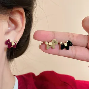 Pendientes de Botón de Caballo Flocado de Moda para Mujer Estilo Otoño Invierno Poste de Plata Aleación Strass Pendientes de Animales Joyería