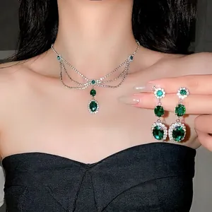 Vintage Palace Style Oval Emerald Green Drop Earrings Luxury Rhinestone Inlaid Tassel Earrings 925 Sterling Silver Earring Post Women