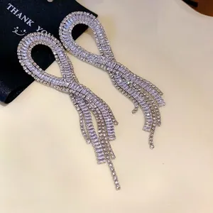 Elegant long sparkling silver geometric tassel drop earrings with full zircon inlay for women