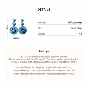 Specifications of blue raffia and soft clay flower earrings with 925 silver needles.