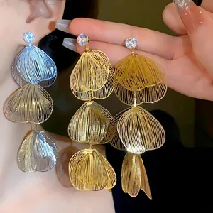 Western Style Exaggerated Multi-Layered Metal Flower Petal Tassel Drop Earrings For Women Elegant Rhinestone Inlaid Fashion Jewelry Gold Silver Plated 925 Sterling Silver Earring Post